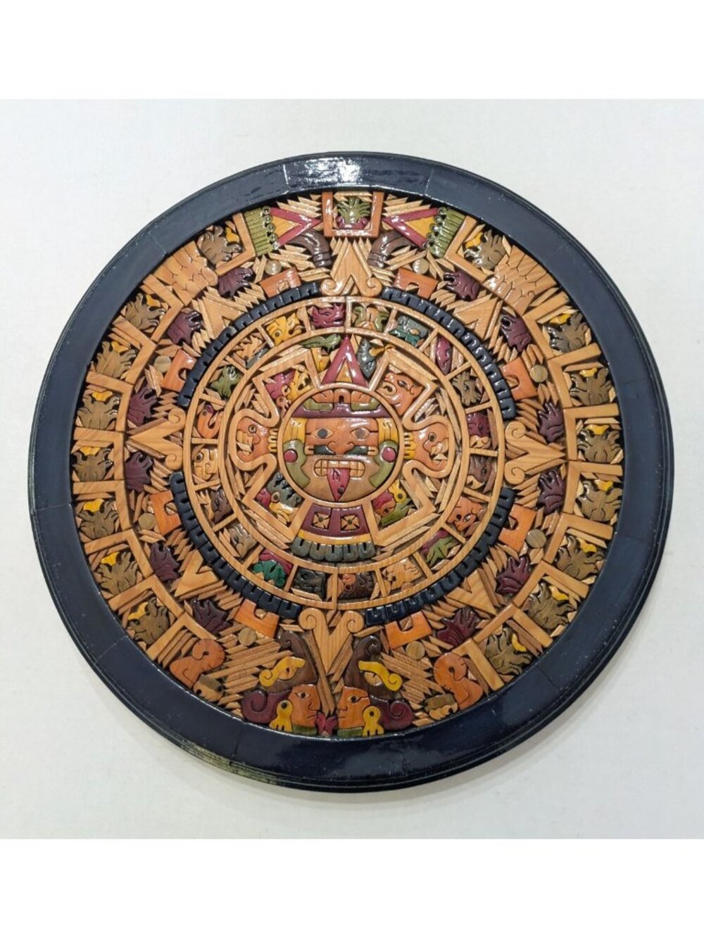 Vtg Mayan Aztec Calendar Mosaic Wooden Marquetry Wall Art Handcrafted 14"